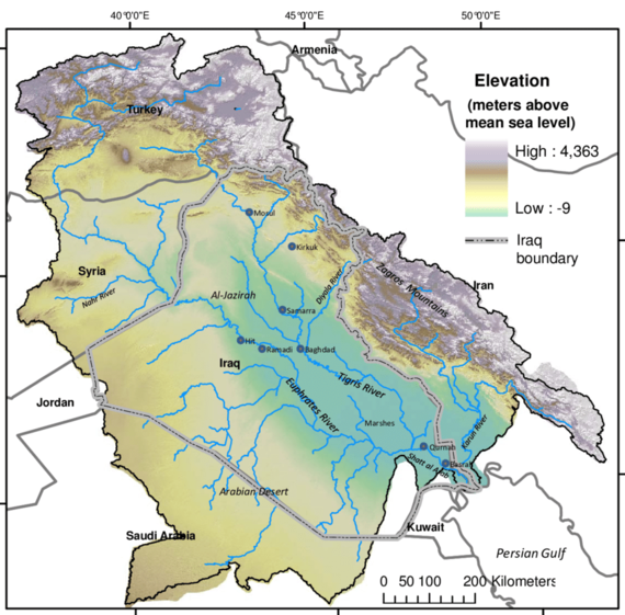 map of tigris euphrates river system including country boundaries and elevation
